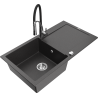 Mexen Leo évier en granit 1 bac avec égouttoir et robinet de cuisine Aster, noir moucheté - 6501-76-73450-07