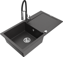 Mexen Leo granite sink 1-bowl with drainer and Aster kitchen tap, black speckled - 6501-76-73450-07