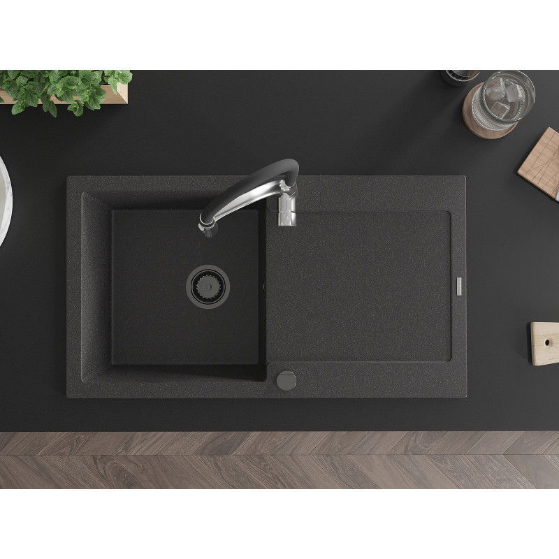 Mexen Leo granite sink 1-bowl with drainer and Aster kitchen tap, speckled black - 6501-76-73450-07-B