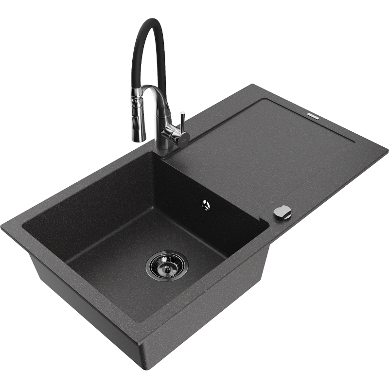 Mexen Leo fregadero de granito de 1 cubeta con escurridor y grifo de cocina Aster, negro moteado - 6501-76-73450-07-B