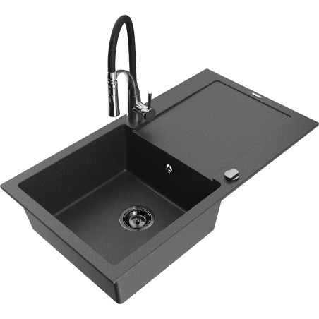 Mexen Leo 1-bowl granite sink with drainer and Aster kitchen faucet, speckled black - 6501-76-73450-07-B