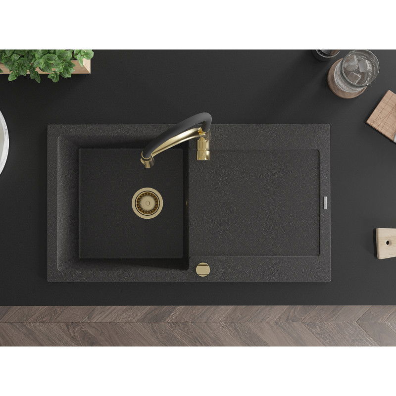 Mexen Leo fregadero de granito de 1 seno con escurridor y grifo de cocina Aster, negro moteado - 6501-76-73450-57-G