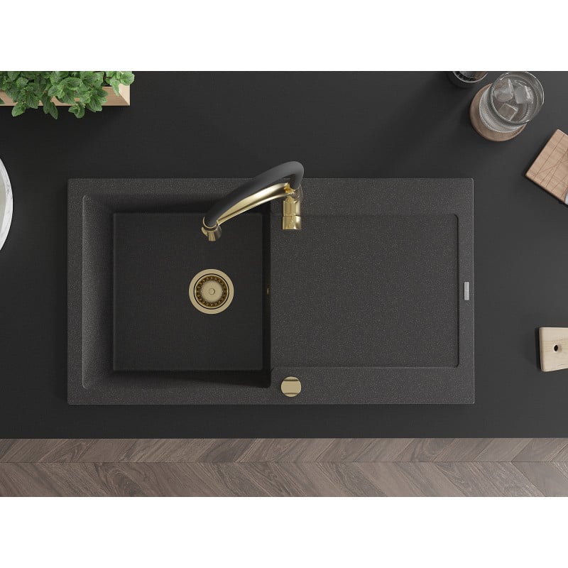 Mexen Leo granitdiskbänk med 1 ho, avrinningsyta och köksblandare Aster, svart med prickar - 6501-76-73450-57-G