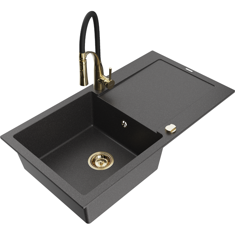 Mexen Leo fregadero de granito de 1 seno con escurridor y grifo de cocina Aster, negro moteado - 6501-76-73450-57-G