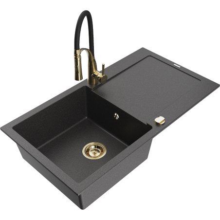 Mexen Leo 1-bowl granite sink with drainer and Aster kitchen tap, speckled black - 6501-76-73450-57-G