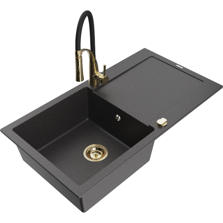 Mexen Leo fregadero de granito de 1 seno con escurridor y grifo de cocina Aster, negro moteado - 6501-76-73450-57-G