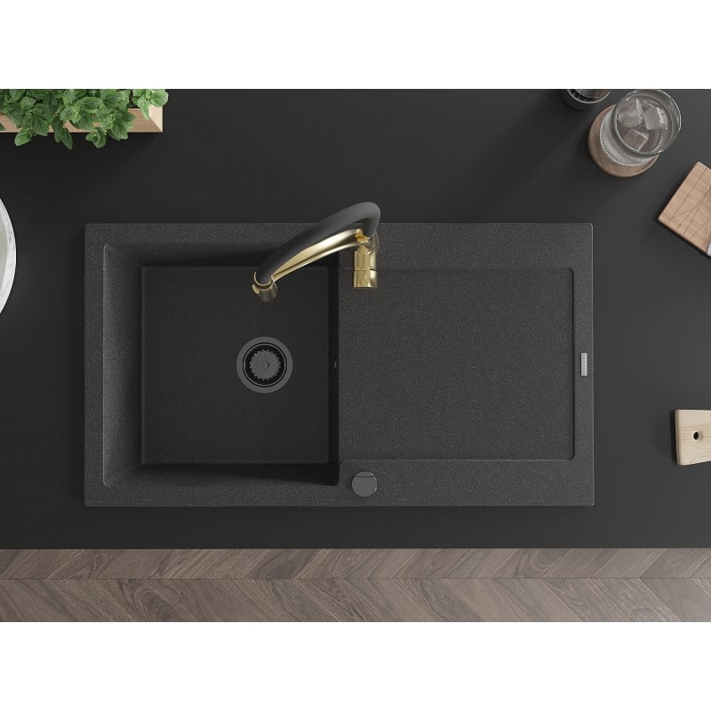 Mexen Leo 1-bowl granite sink with drainer and kitchen faucet Aster, speckled black - 6501-76-73450-57-B