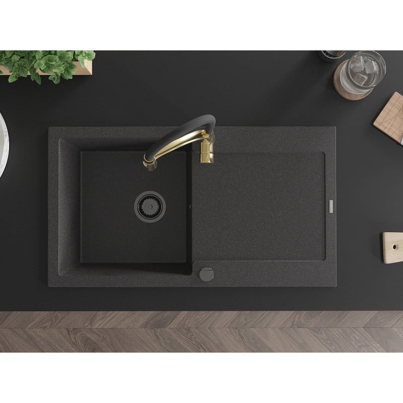 Mexen Leo fregadero de granito de 1 seno con escurridor y grifo de cocina Aster, negro moteado - 6501-76-73450-57-B