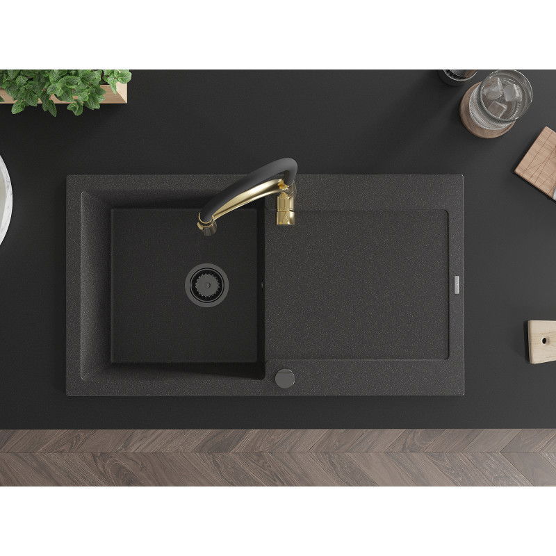 Mexen Leo granite sink single-bowl with drainer and Aster kitchen tap, black speckled - 6501-76-73450-57-B