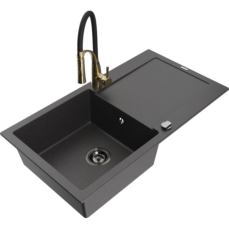 Mexen Leo fregadero de granito de 1 seno con escurridor y grifo de cocina Aster, negro moteado - 6501-76-73450-57-B