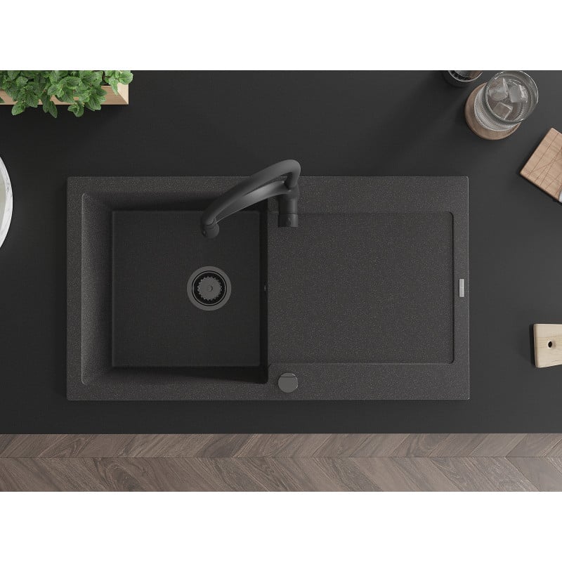 Mexen Leo fregadero de granito de 1 cubeta con escurridor y grifo de cocina Aster, negro salpicado - 6501-76-73450-70-B
