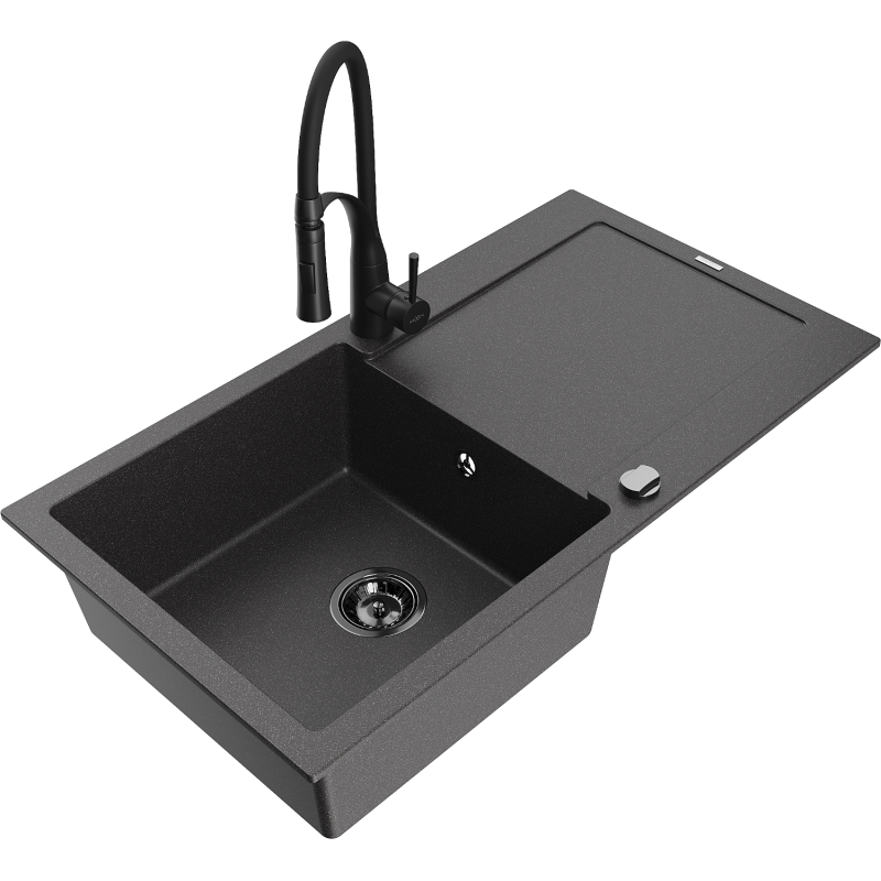 Mexen Leo lava-loiça de granito de uma bacia com escorredor e torneira de cozinha Aster, preto salpicado - 6501-76-73450-70-B