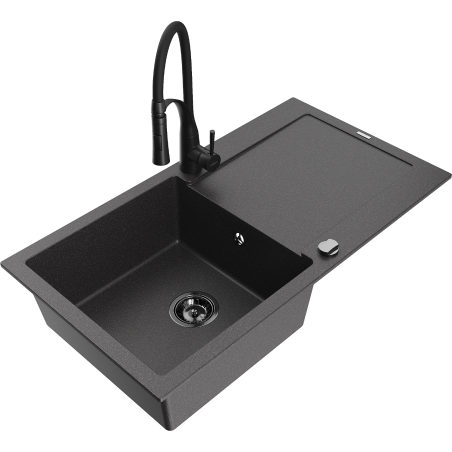 Mexen Leo granite kitchen sink 1-bowl with drainer and Aster kitchen tap, black speckled - 6501-76-73450-70-B