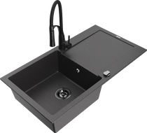 Mexen Leo fregadero de granito de 1 cubeta con escurridor y grifo de cocina Aster, negro salpicado - 6501-76-73450-70-B