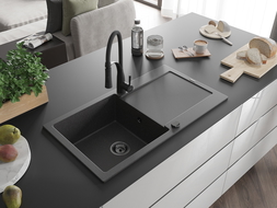 Mexen Leo granite kitchen sink 1-bowl with drainer and Aster kitchen tap, black speckled - 6501-76-73450-70-B
