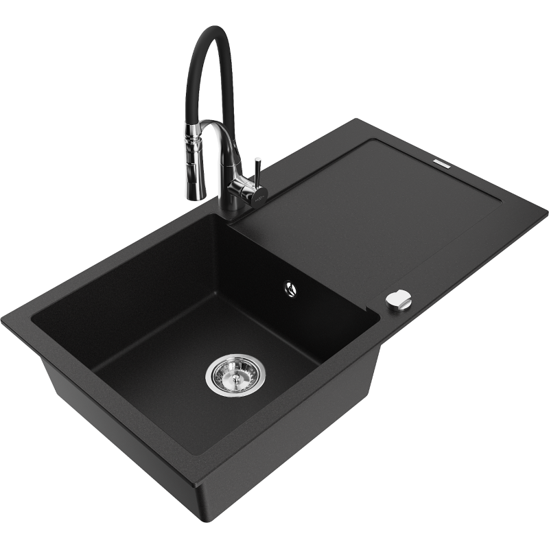 Mexen Leo 1-bowl granite sink with drainer and Aster kitchen tap, black - 6501-77-73450-07