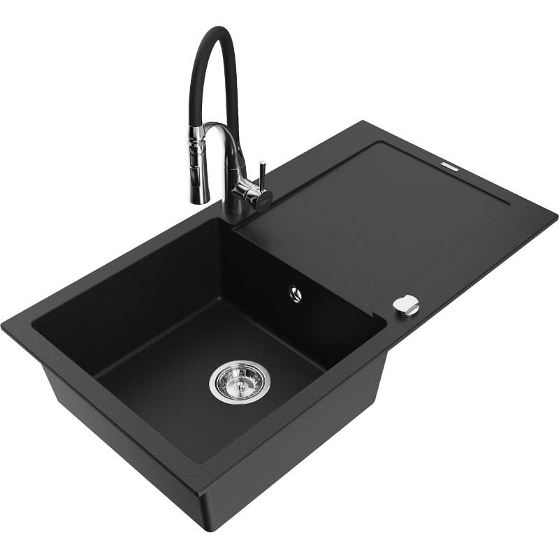 Mexen Leo fregadero de granito de 1 tazón con escurridor y grifo de cocina Aster, negro - 6501-77-73450-07