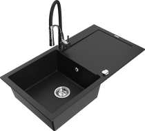 Mexen Leo 1-bowl granite sink with drainer and Aster kitchen tap, black - 6501-77-73450-07