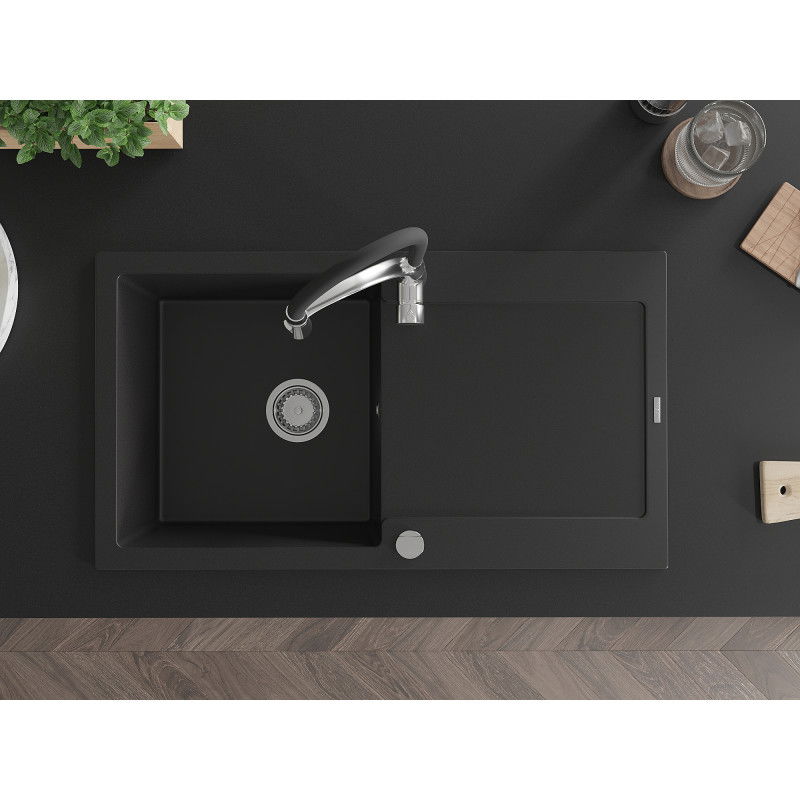 Mexen Leo Granit-Spullsteen mat 1 Schoss mat Oflaaf an Kichekraan Aster, schwaarz - 6501-77-73450-07