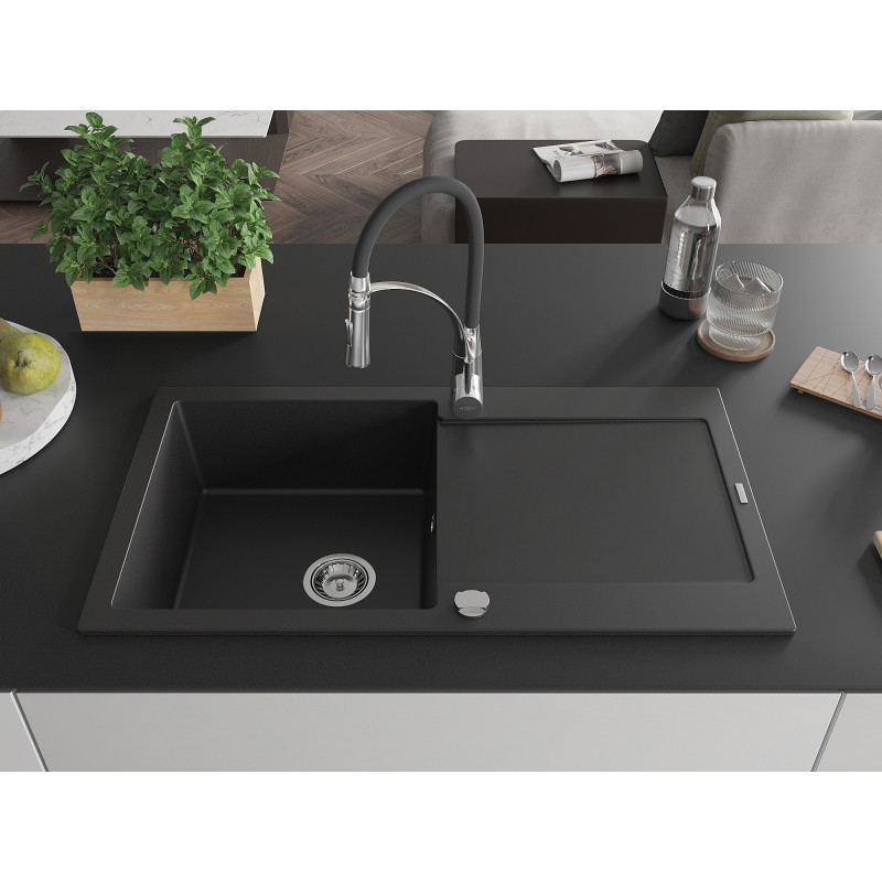 Mexen Leo fregadero de granito de 1 seno con escurridor y grifo de cocina Aster, negro - 6501-77-73450-07