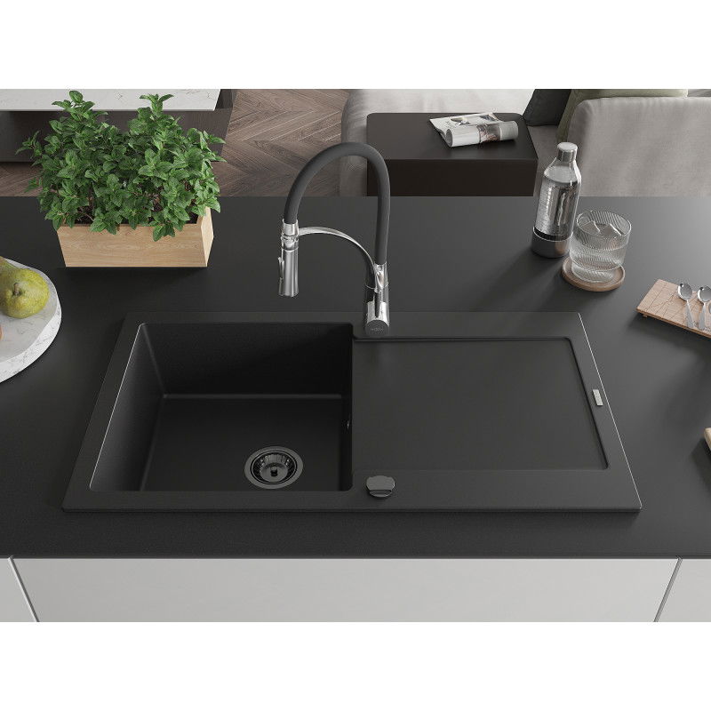 Mexen Leo granite sink 1-bowl with drainer and kitchen tap Aster, black - 6501-77-73450-07-B