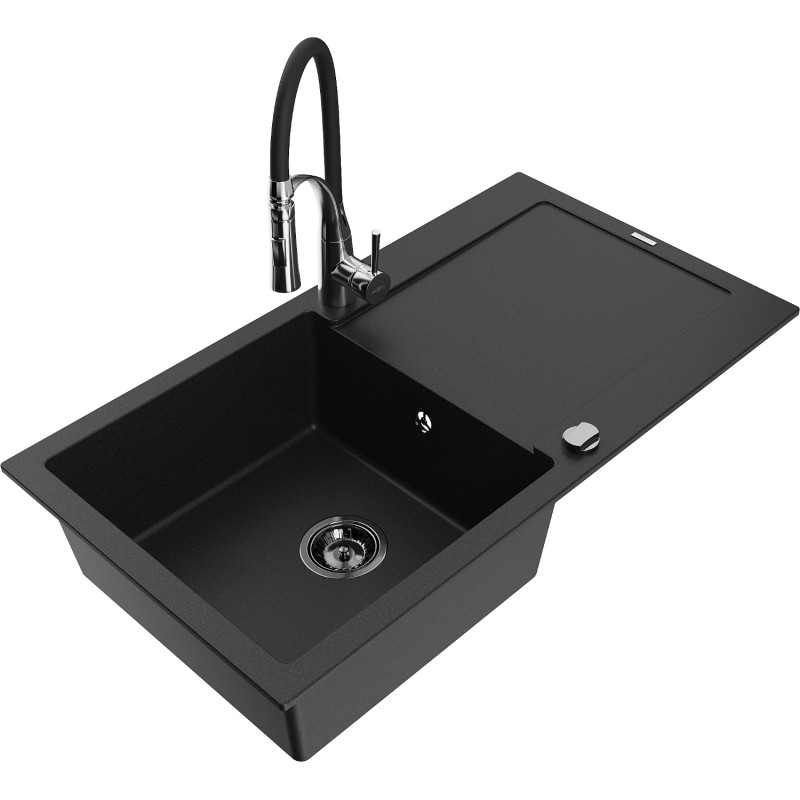 Mexen Leo Granit-Spüle mit 1 Becken, Abtropfplatte und Küchenarmatur Aster, schwarz - 6501-77-73450-07-B