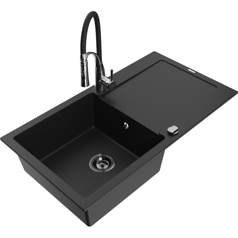 Mexen Leo Granitspüle 1-Becken mit Abtropffläche und Küchenarmatur Aster, Schwarz - 6501-77-73450-07-B