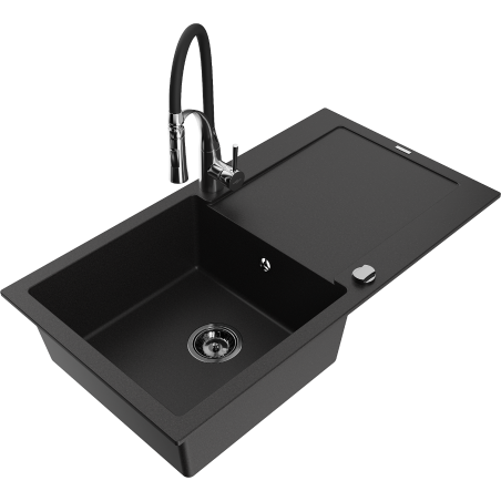 Mexen Leo fregadero de granito de 1 cubeta con escurridor y grifo de cocina Aster, negro - 6501-77-73450-07-B