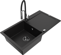 Mexen Leo granite sink 1-bowl with drainer and kitchen tap Aster, black - 6501-77-73450-07-B
