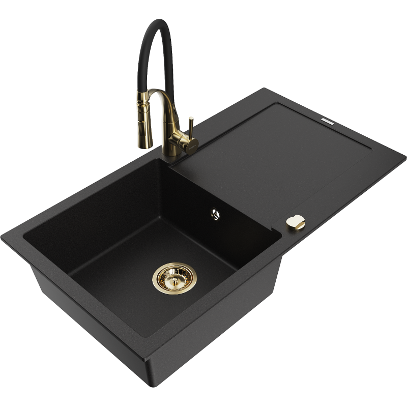 Mexen Leo fregadero de granito 1-cámara con escurridor y grifo de cocina Aster, negro - 6501-77-73450-57-G