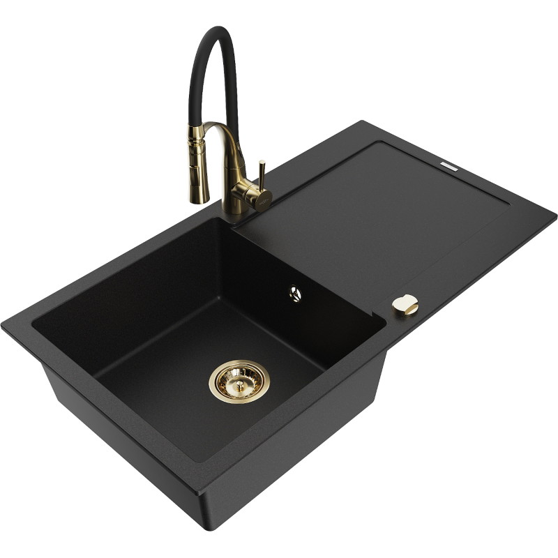 Mexen Leo fregadero de granito de 1 cubeta con escurridor y grifo de cocina Aster, negro - 6501-77-73450-57-G
