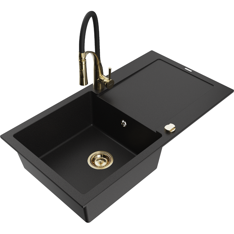Mexen Leo granite kitchen sink 1-bowl with drainer and Aster kitchen tap, black - 6501-77-73450-57-G