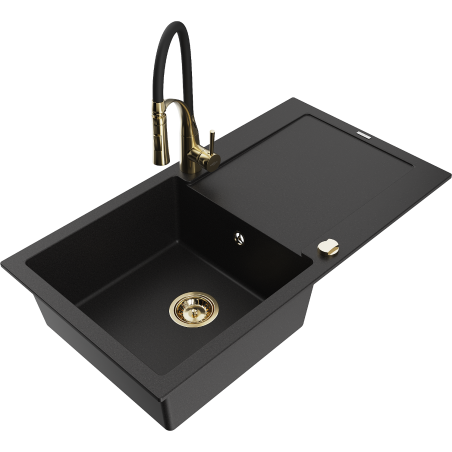 Mexen Leo fregadero de granito de 1 cubeta con escurridor y grifo de cocina Aster, negro - 6501-77-73450-57-G