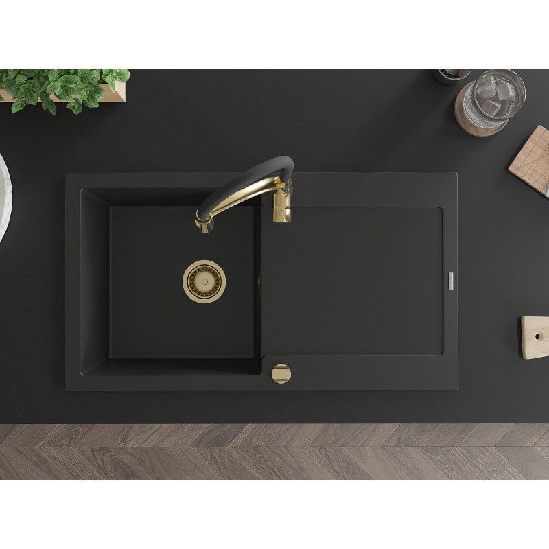 Mexen Leo fregadero de granito 1-cámara con escurridor y grifo de cocina Aster, negro - 6501-77-73450-57-G