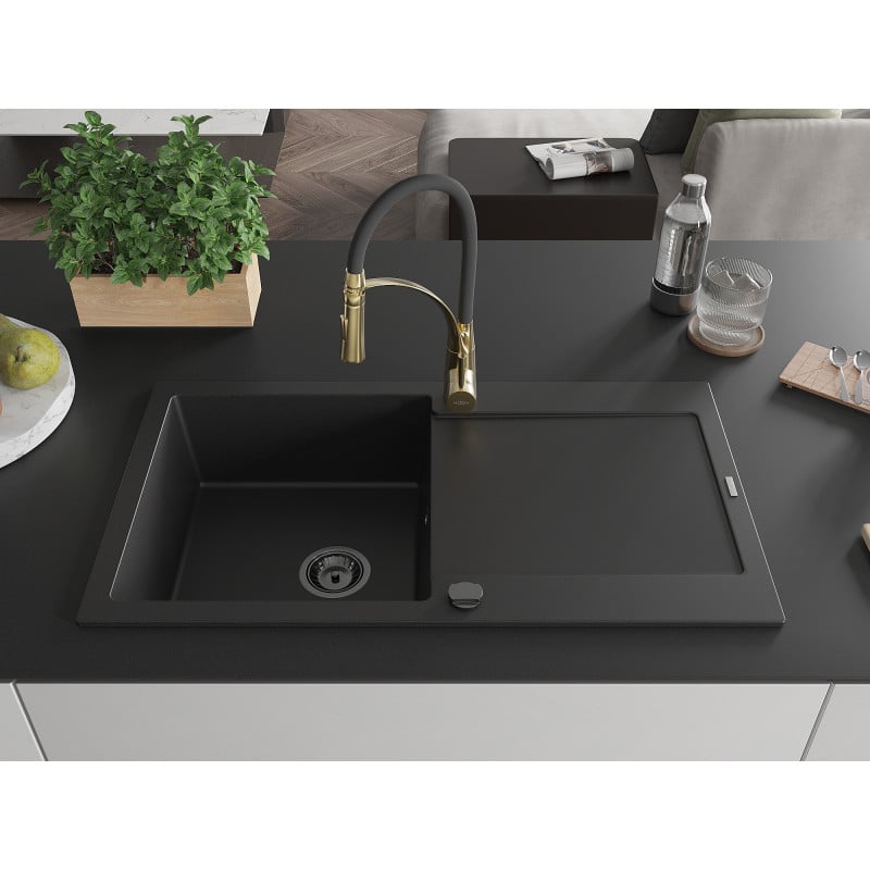 Mexen Leo granite sink single-bowl with drainer and Aster kitchen tap, black - 6501-77-73450-57-B