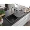 Mexen Leo granite sink single-bowl with drainer and Aster kitchen tap, black - 6501-77-73450-57-B