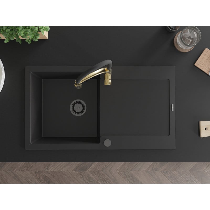 Mexen Leo fregadero de granito de 1 compartimento con escurridor y grifo de cocina Aster, negro - 6501-77-73450-57-B