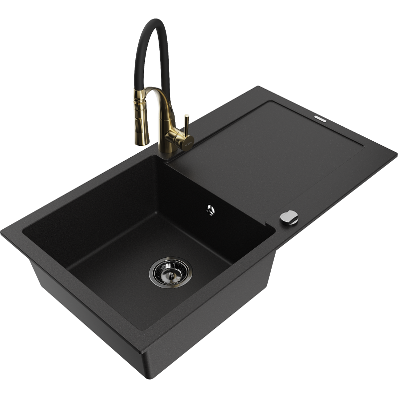 Mexen Leo granite sink single-bowl with drainer and Aster kitchen tap, black - 6501-77-73450-57-B