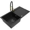 Mexen Leo granite sink single-bowl with drainer and Aster kitchen tap, black - 6501-77-73450-57-B