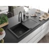 Mexen Leo Granite Single Bowl Sink with Drainer and Aster Kitchen Tap, Black - 6501-77-73450-70-B
