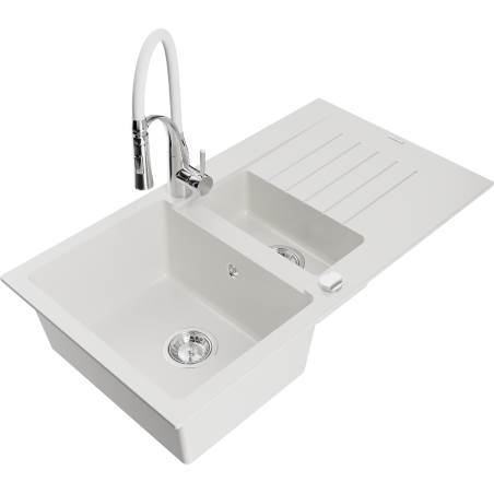 Mexen Matias fregadero de granito de 1,5 senos con escurridor y grifo de cocina Aster, blanco - 6502-20-73450-02