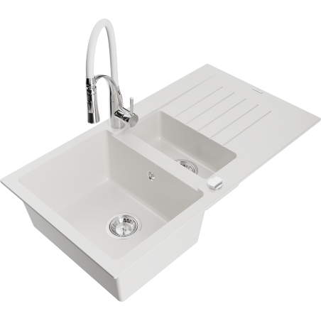 Mexen Matias granite sink 1.5-bowl with drainer and Aster kitchen tap, white - 6502-20-73450-02