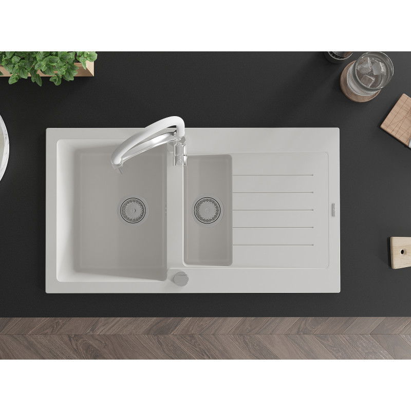 Mexen Matias fregadero de granito de 1,5 senos con escurridor y grifo de cocina Aster, blanco - 6502-20-73450-02