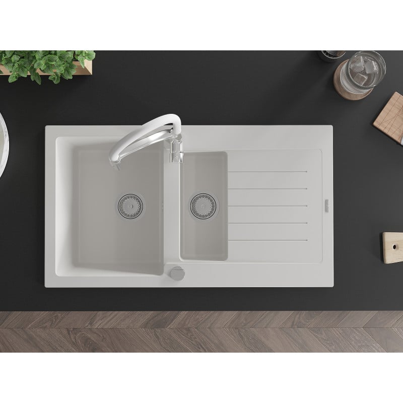 Mexen Matias granite sink 1.5-bowl with drainer and Aster kitchen tap, white - 6502-20-73450-02