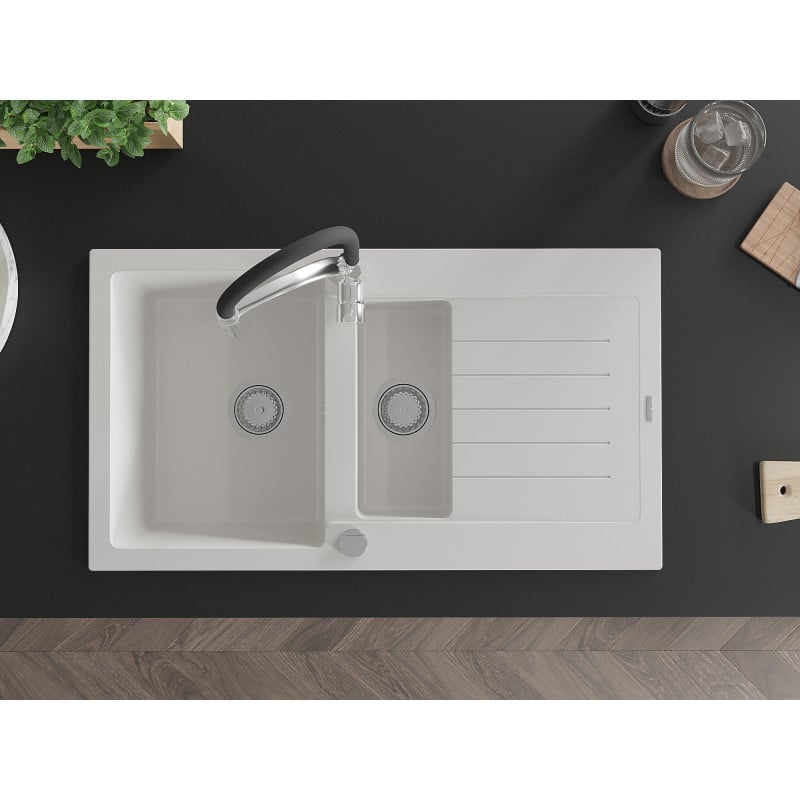 Mexen Matias fregadero de granito de 1,5 senos con escurridor y grifo de cocina Aster, blanco - 6502-20-73450-07