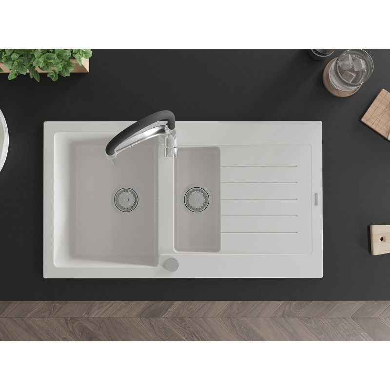 Mexen Matias lava-louça de granito 1,5-bacia com escorredor e torneira de cozinha Aster, branco - 6502-20-73450-07