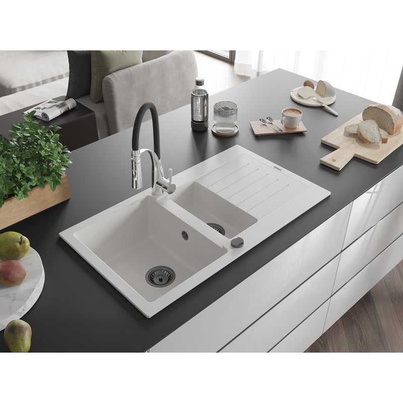 Mexen Matias fregadero de granito 1,5 senos con escurridor y grifo de cocina Aster, blanco - 6502-20-73450-07-B