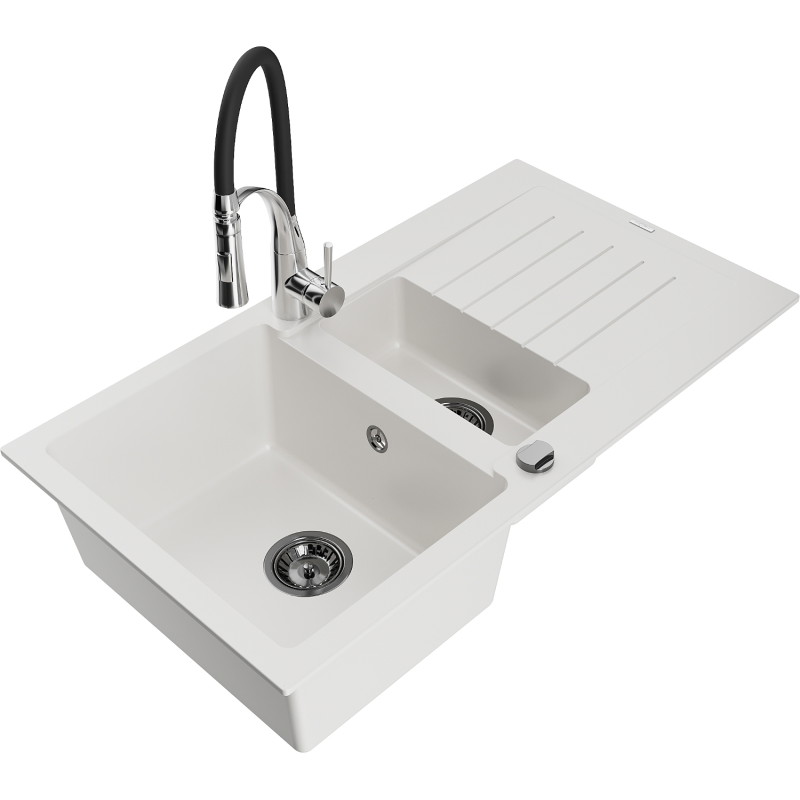 Mexen Matias fregadero de granito de 1,5 tazones con escurridor y grifo de cocina Aster, blanco - 6502-20-73450-07-B