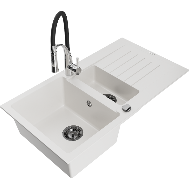 Mexen Matias lava-louça de granito de 1,5 bacias com escorredor e torneira de cozinha Aster, branco - 6502-20-73450-07-B