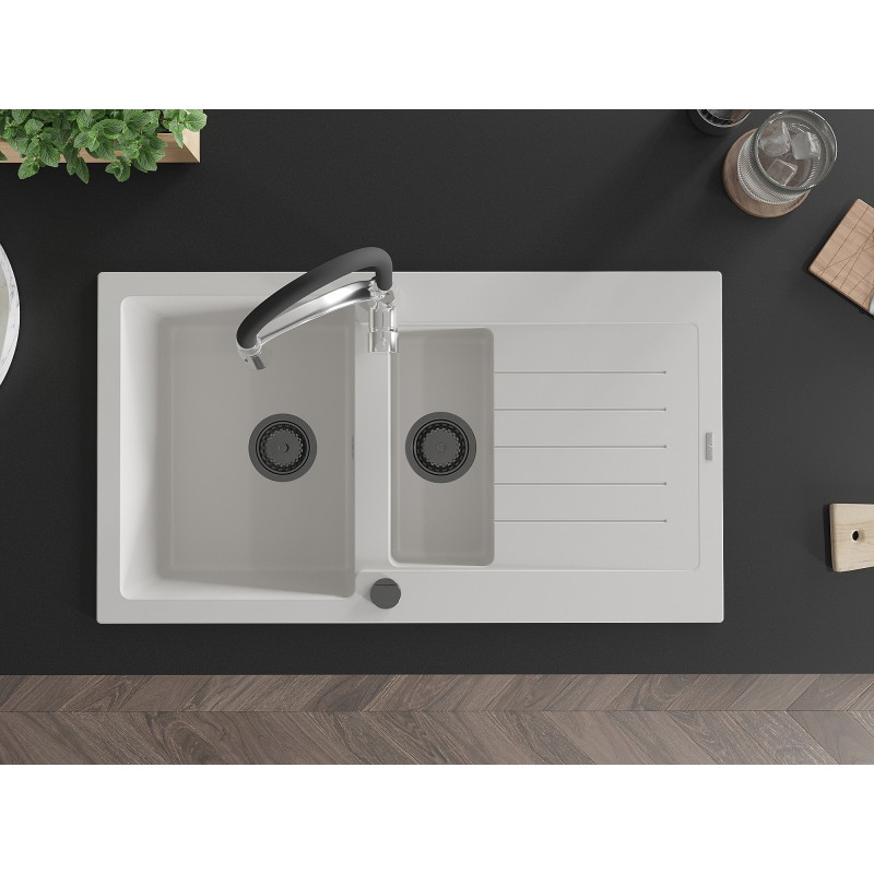 Mexen Matias fregadero de granito de 1,5 tazones con escurridor y grifo de cocina Aster, blanco - 6502-20-73450-07-B